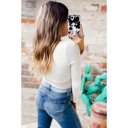 White Mesh Patchwork Long Sleeve Bodysuit