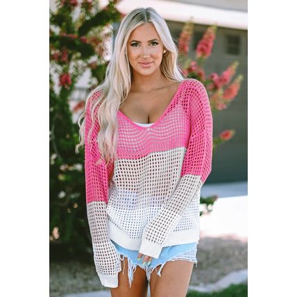 Pink Color Block Eyelet Long Sleeve Twisted Back Knit Top
