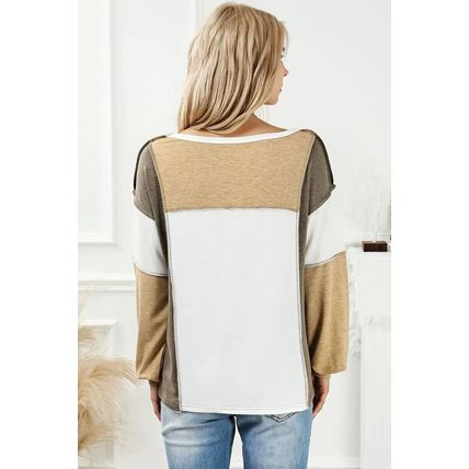 Khaki Exposed Seam Color Block Patchwork Top