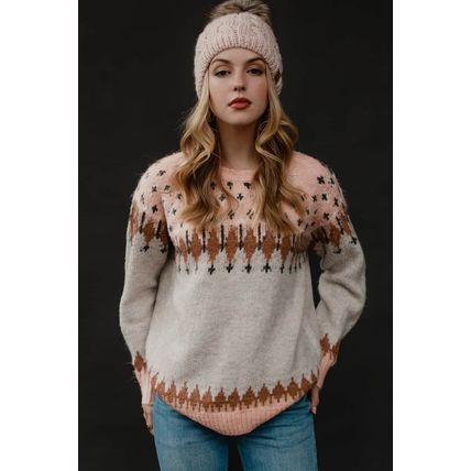 Multicolor Mixed Geometric Detail Raglan Sleeve Sweater
