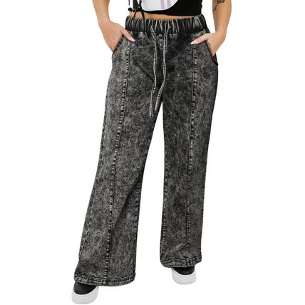 Black Plus Size Tie Dye Drawstring Splicing Wide Leg Jeans