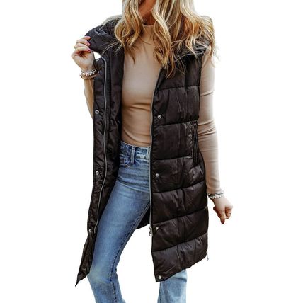 Black Hooded Long Quilted Vest Coat