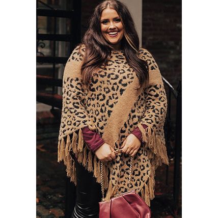 Leopard Plus Size Tasseled Hem Draped Poncho