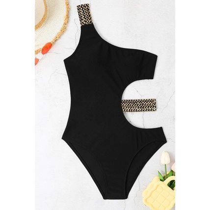 Black Textured Stitch One Shoulder Cutout One Piece Swimsuit