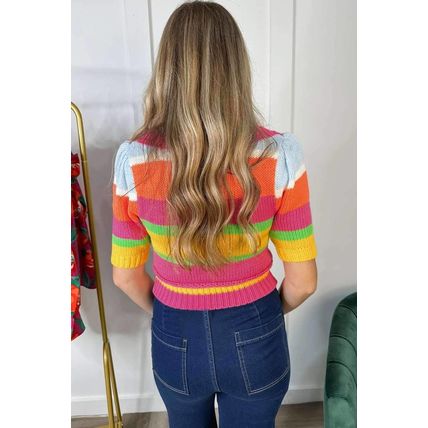 Multicolour Color Block Cropped Short Sleeve Sweater