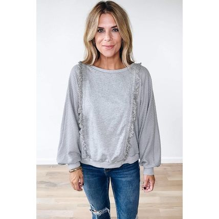 Light Grey Waffle Patchwork Long Sleeve Raw Hem Pullover Top