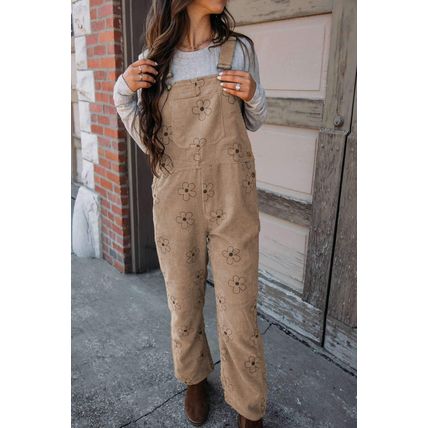 Khaki Flower Print Corduroy Overalls