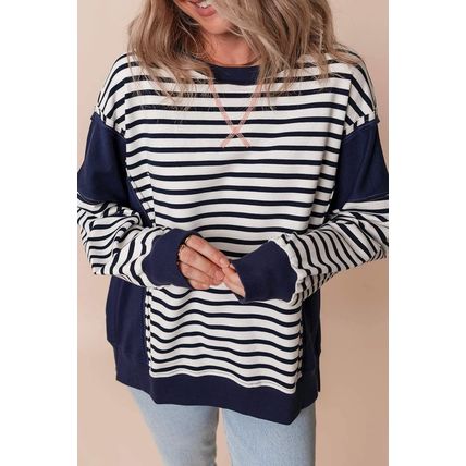 White Stripe Color Block Exposed Seam Loose Fit Sweatshirt