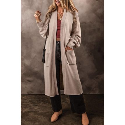 Beige Side Pockets Open Front Long Knitted Cardigan
