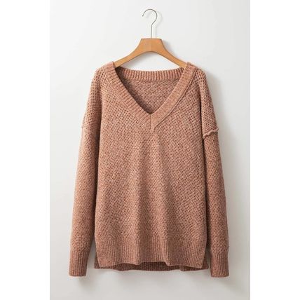 Dark Brown Loose Eyelet V Neck Drop Shoulder Sweater