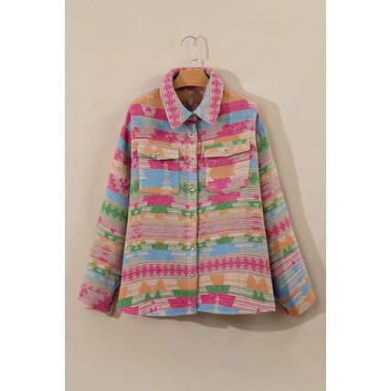 Pink Plus Size Aztec Printed Flap Pocket Shacket