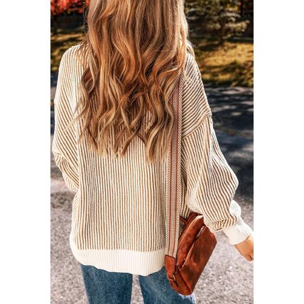 Chestnut Striped Textured Knit Contrast Edge Loose Sweater