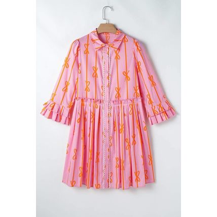 Pink Bowknot Striped Printed Tiered Ruffled Mini Shirt Dress