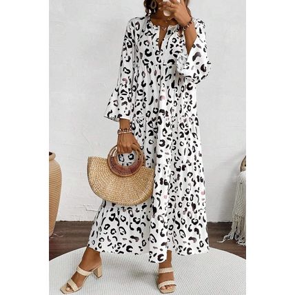 White Leopard Print Notch V Neck Loose Fit Maxi Dress