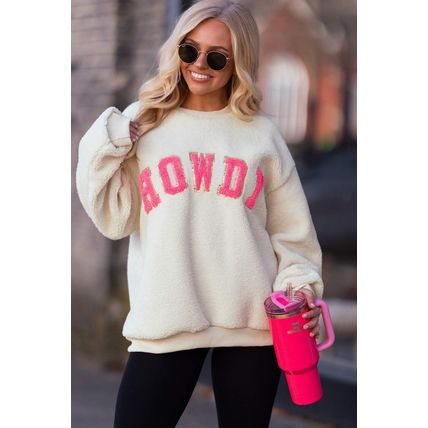 Beige Sherpa HOWDY Patched Pullover Sweatshirt