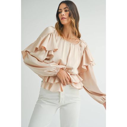 Oatmeal Lace-up Keyhole Back Ruffled Peplum Blouse