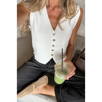 White V Neck Buttoned Sweater Vest