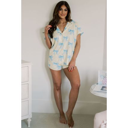Yellow Bow Printed Short Sleeve Shirt Shorts Pajama Set