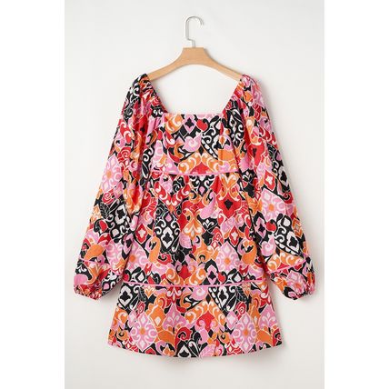 Pink Bohemian Square Neck Puff Sleeve Mini Dress