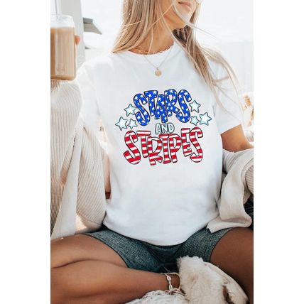 White Stars and Stripes Round Neck Graphic T Shirt