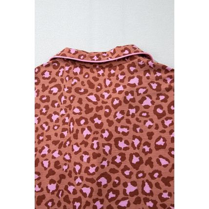 Brown Leopard Print Short Sleeve Shirt and Pants Pajamas Set