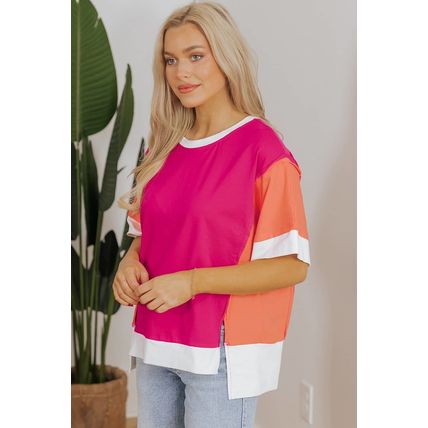 Rose Red Color Block Patchwork Side Slits Loose Fit T Shirt