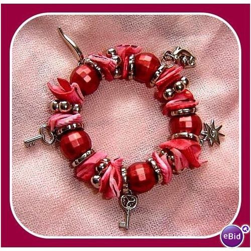 New Chunky red bracelet with silver coloured beads pink shells & charms