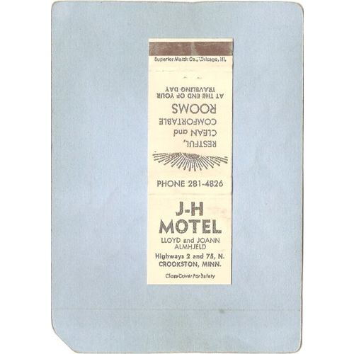 MN Crookston Matchcover J-H Motel Highways 2 & 75 N state_box5~40