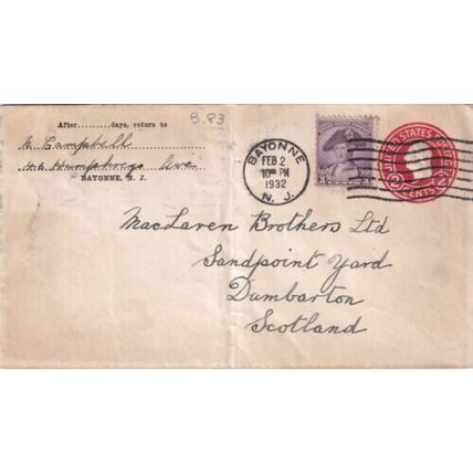 United States 1932 Bayonne NJ-Dumbarton UK Cover Bayonne cancel written VGC