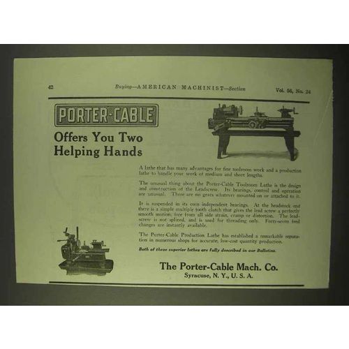 1922 Porter-Cable Toolroom Lathe, Production Lathe Ad