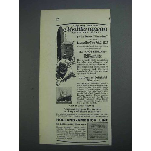 1927 Holland-America Line Ad - Cruise Mediterranean