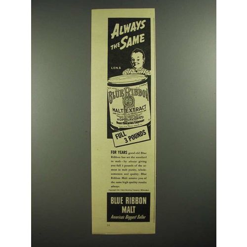 1940 Pabst Blue Ribbon Malt Ad - Always the Same