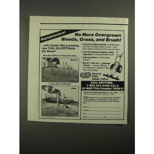 1987 Mantis Trail Blazer Sickle Bar Mower Ad - No More Overgrown Weeds