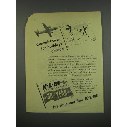 1949 KLM Royal Dutch Airlines Ad - Convairtravel for holidays abroad