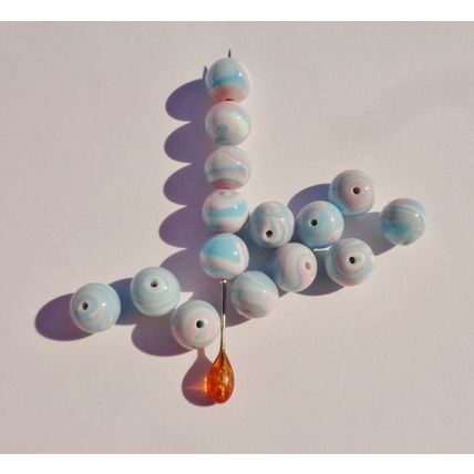 16 Vintage Japanese Round Glass Beads 10mm Blue Pink Swirl Craft bd101