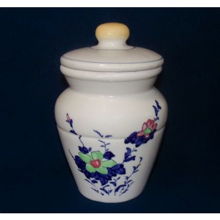 Lidded floral 7 ¼” container jar blue leaves pink green flowers NWOT good