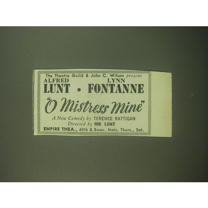 1946 O Mistress Mine Play Ad - Alfred Lunt, Lynn Fontanne