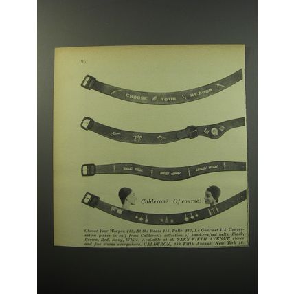 1955 Calderon Belts Ad - Choose Your Weapon; At the Races; Ballet; Le Gourmet
