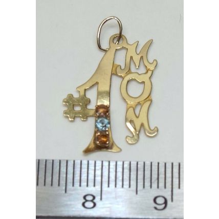 Genuine 14K Yellow Gold Women's #1 Mom Charm .55 Grams Small Stones Aquamarine