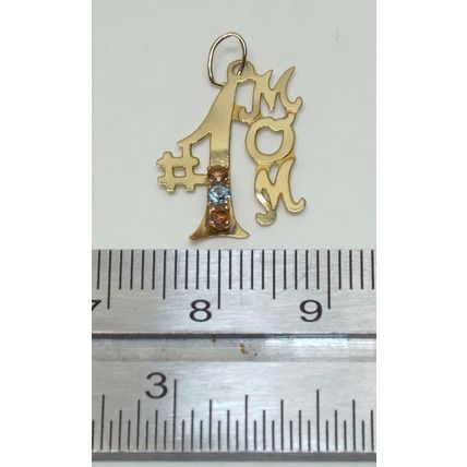 Genuine 14K Yellow Gold Women's #1 Mom Charm .55 Grams Small Stones Aquamarine