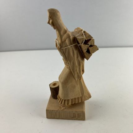 Folk Art Wood Carving of Woman Carrying Fire Wood Vintage 7" Tall