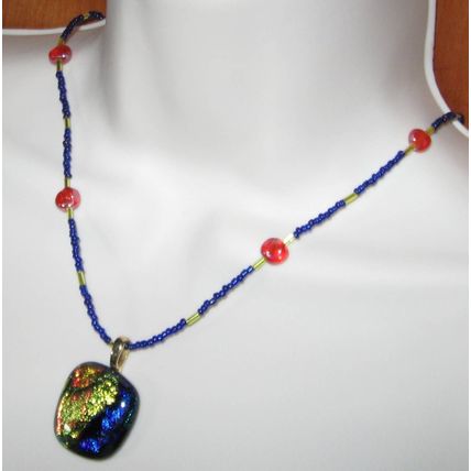 Dichroice Fused Glass Pendant & Glass Bead Handmade Necklace in bronze/gold/blue