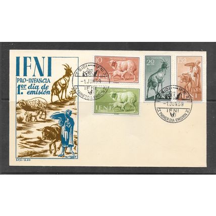 IFNI SPAIN 1959 CHARITY CHILDREN FDC COVER ANIMALS GOAT SHEEP DONKEY ILLUST.