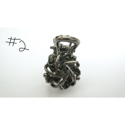 Small tiny dark silver metal hair claw clip with gray crystals