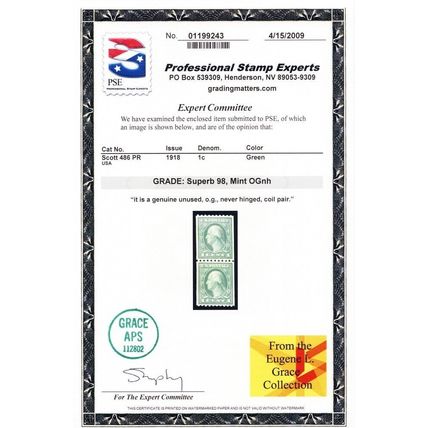 486, Mint NH 1¢ Superb Coil Pair - PSE Graded 98 Certificate * Stuart Katz