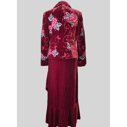 Kaliko red velvet silk suit 3 piece maxi skirt jacket top full length christmas