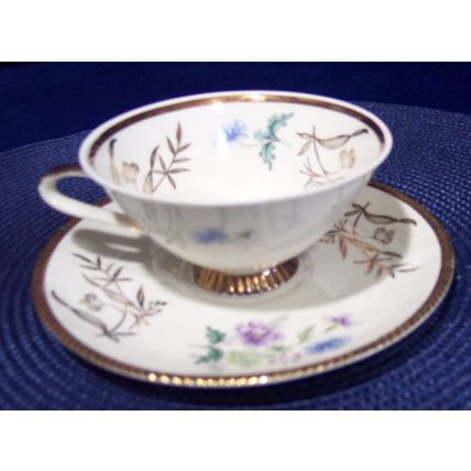 WW Bavaria 45 Teacup Saucer Plate Trio w/ Blue Purple Flowers Gold Hobnail Trim