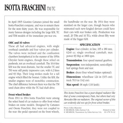 Collectors Club card. Classic Cars. Isotta Fraschini TM/TC
