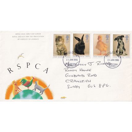 ROYAL MAIL First Day Cover JANUARY 1990 RSPCA Postmark: Guildford Surrey
