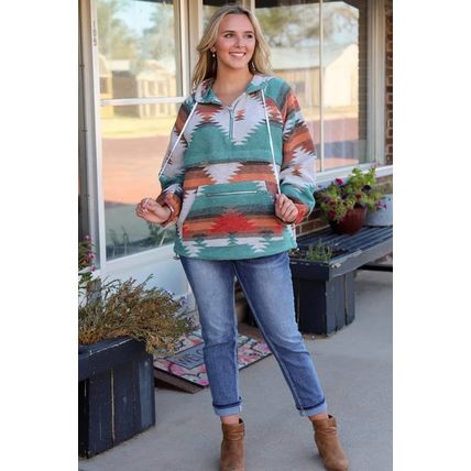 Multicolor Aztec Print Zipped Split Neck Hoodie
